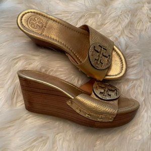 Tory Burch Patti wedge slides GOLD studded- GORGEOUS!